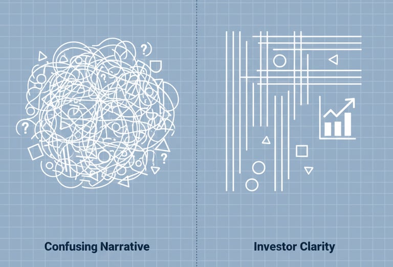 Minimal blueprint diagram comparing confusing narrative vs. clear investor narrative in pitch decks.