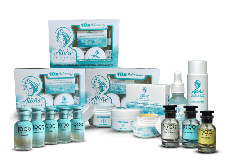 Collection of Allors Skin Care products and Eau de Parfum bottles with brightening soaps, creams, and serums