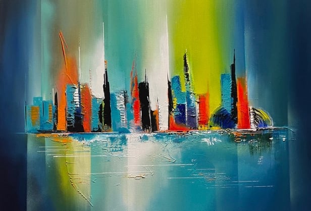 tableau peinture acrylique représentant une ville abstraite très colorée