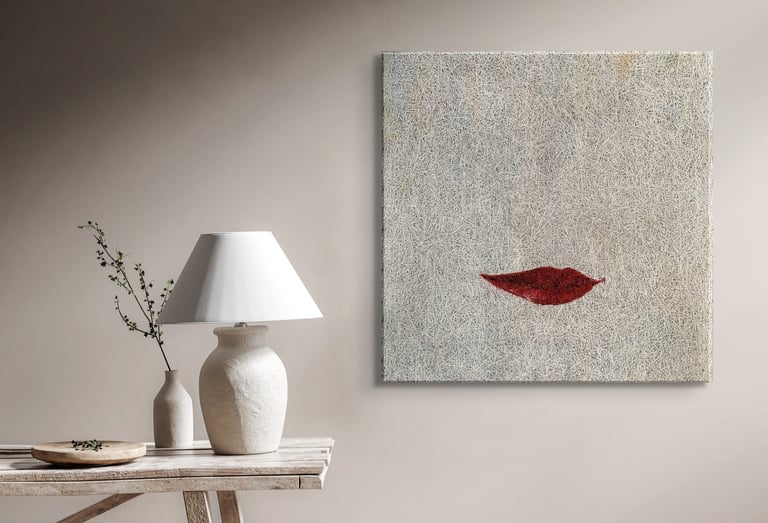 Falling leave (that looks like lips) on white background acoustic panel - wood wool panel