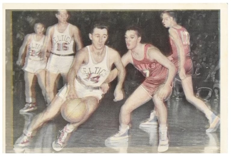 Rare Bob Cousy Rookie Card with image from him playing a celtics game in 1954