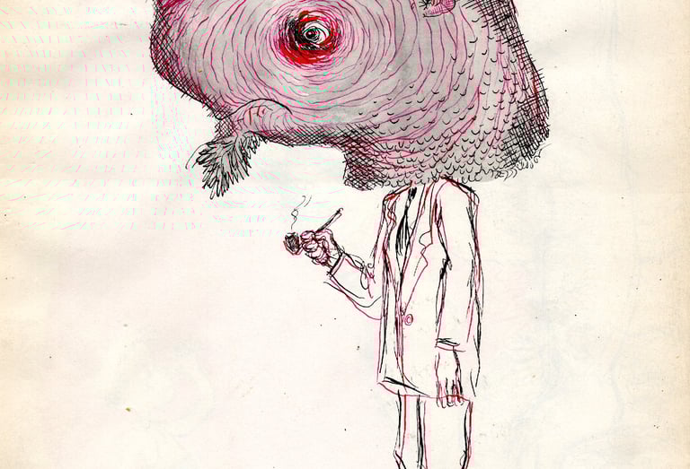 urreal ink drawing of a man in a suit with a large rhinoceros head featuring antlers and a swirling