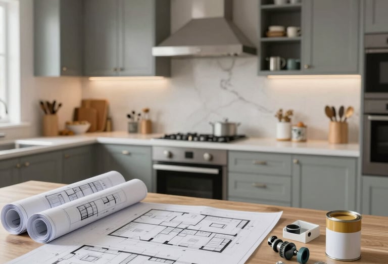 A minimalist and sophisticated kitchen corner showcasing a designer coffee station. Features creamy off-white cabinetry and a splashback in a soft taupe stone material. The lighting is soft and diffused.