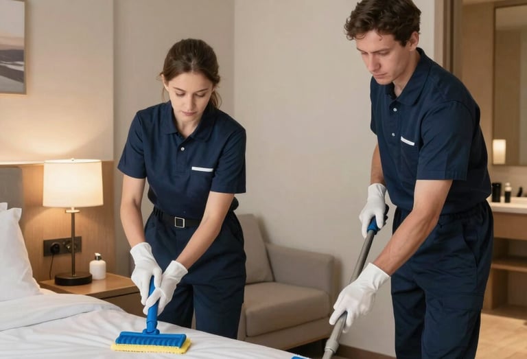A gardener trimming bushes in a well-kept garden next to a clean playground.