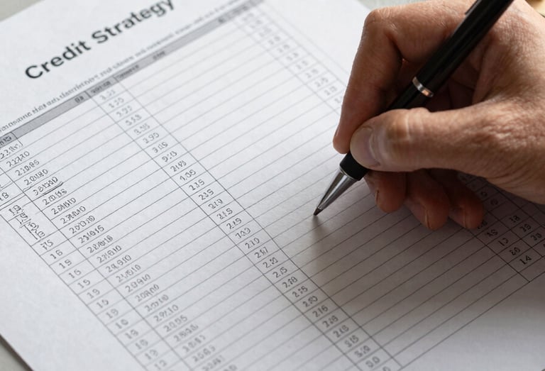 Close overhead composition of a printed credit strategy document on a clean desk under warm task lighting, a hand holding a fine-point pen annotating a row in a highlighted data table, physical file folders visible at the upper edge of the frame