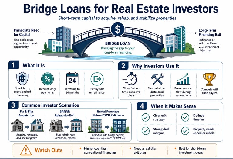 Infographic explaining bridge loans for real estate investors including benefits, scenarios, and watch outs.