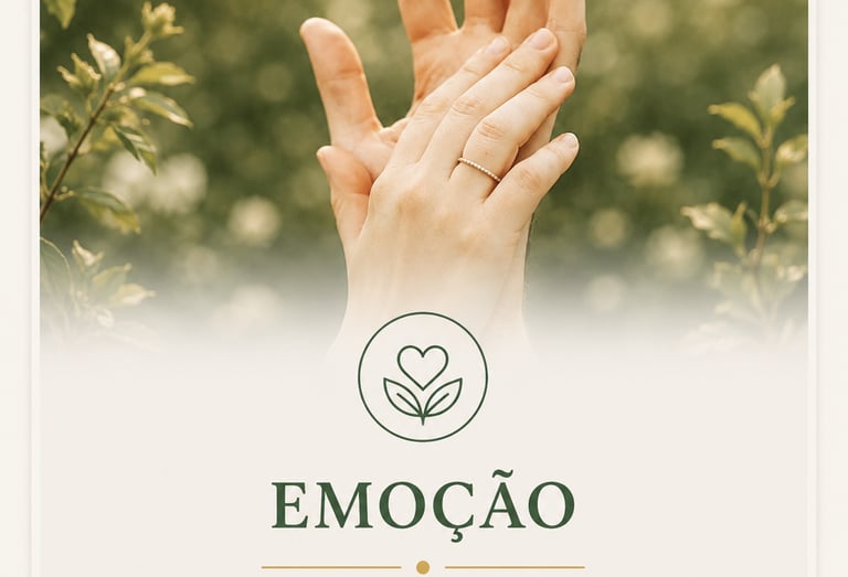 Duas mãos se tocando suavemente sobre um fundo natural, simbolizando saúde emocional e inteligência.
