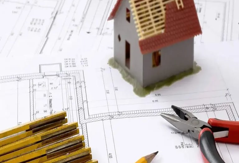 Blue prints and planning tools used fro architectural design and home construction