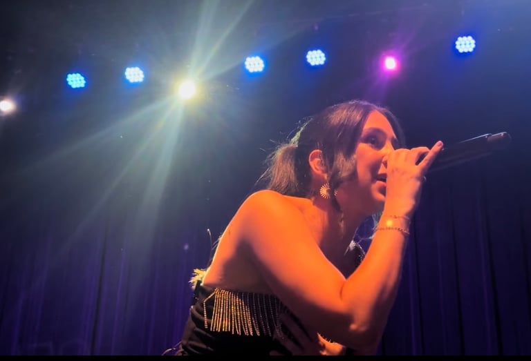 LuxeBand singer performing on stage at a corporate event