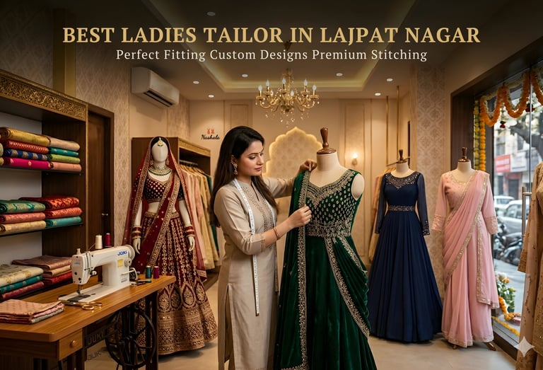 Professional female tailor fitting a green embroidered lehenga at a boutique in Lajpat Nagar.