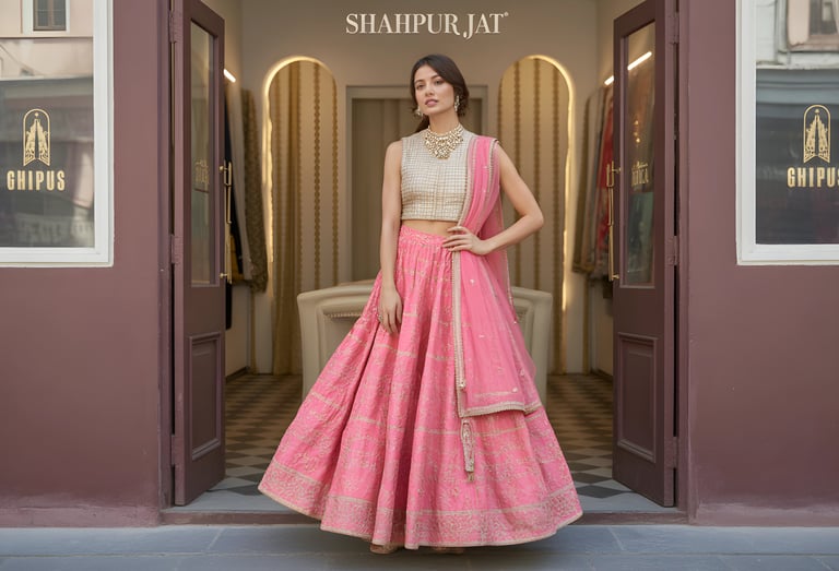 Elegant woman in a pink designer lehenga choli with gold embroidery outside a luxury boutique.