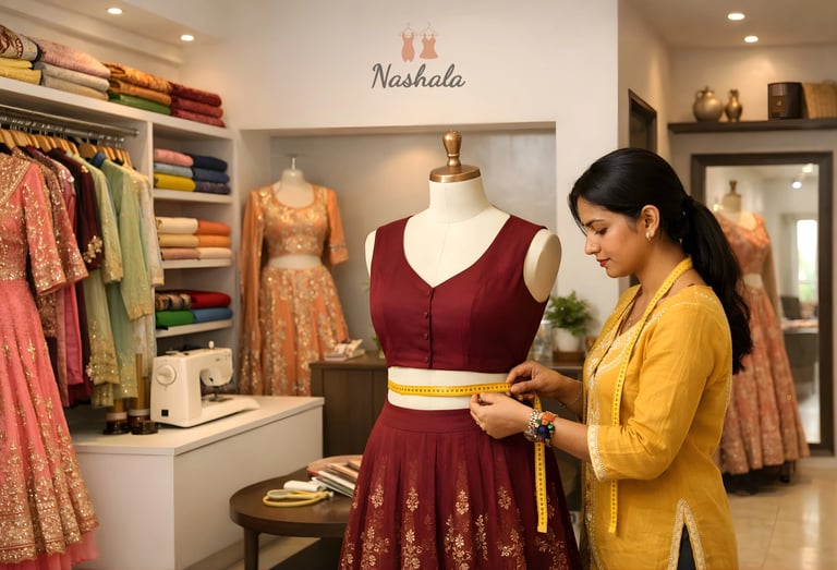 A fashion designer measures a maroon lehenga on a mannequin in a boutique.