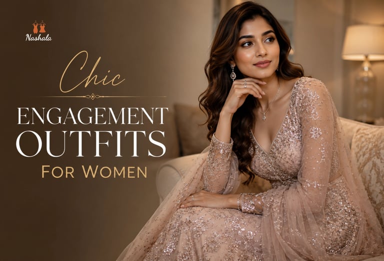 A woman wearing a chic, embellished blush pink engagement outfit with intricate embroidery.
