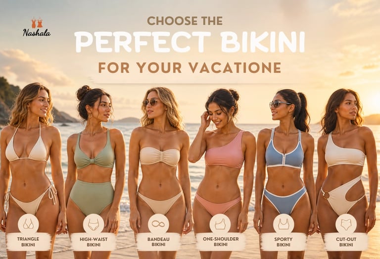 Six women modeling different styles of bikinis on a beach at sunset for vacation swimwear.