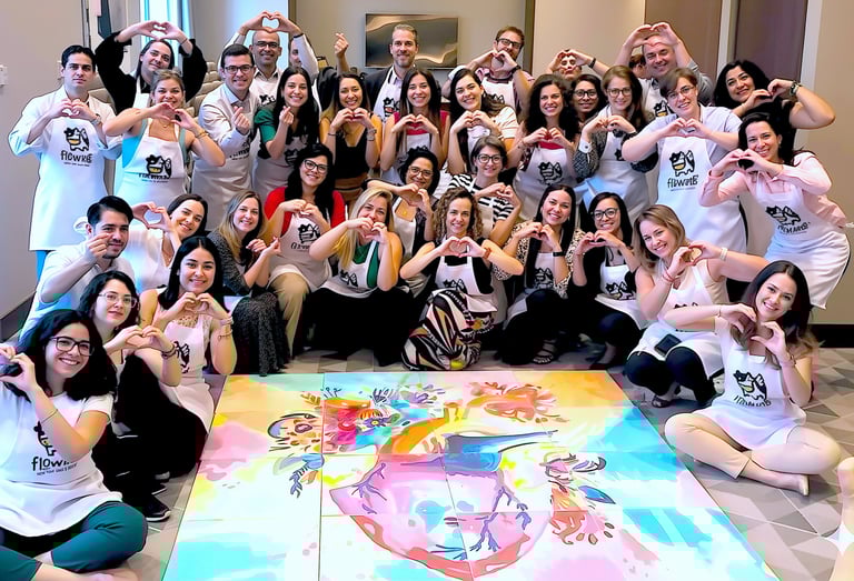 a group of people standing around a large painting