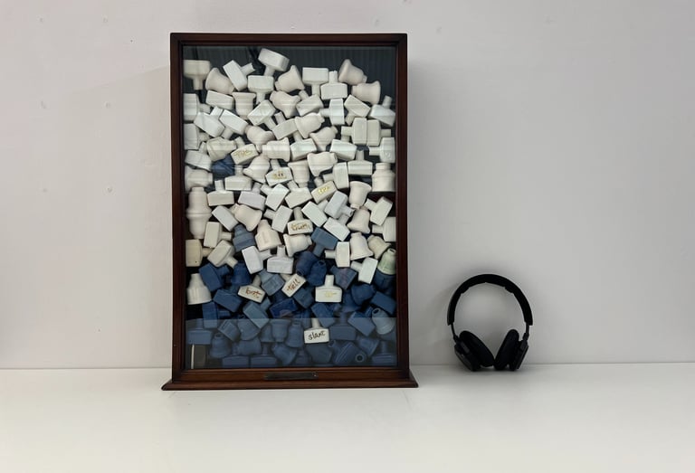 Public art installation, a cabinet filled with cast porcelain ceramic bottles and audio installation