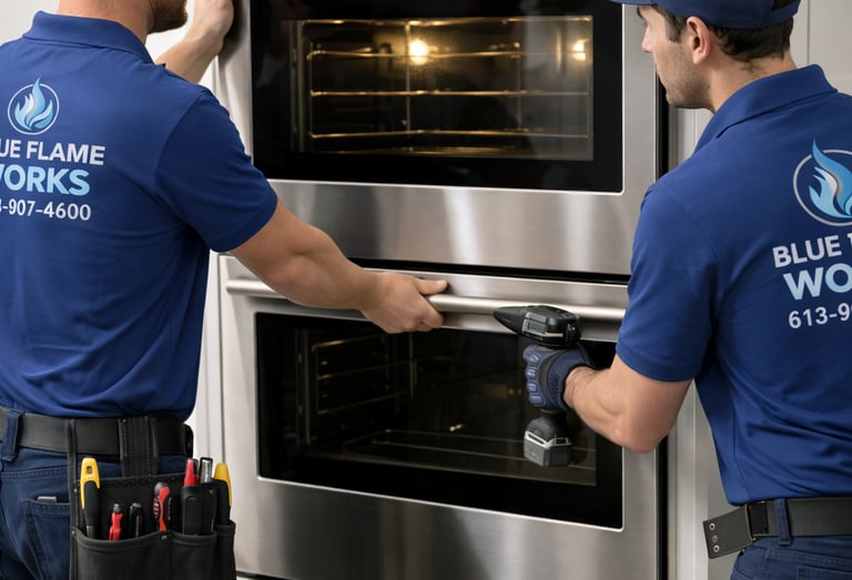 Two Blue Flame Works technicians install a stainless wall oven in a bright modern white kitchen.