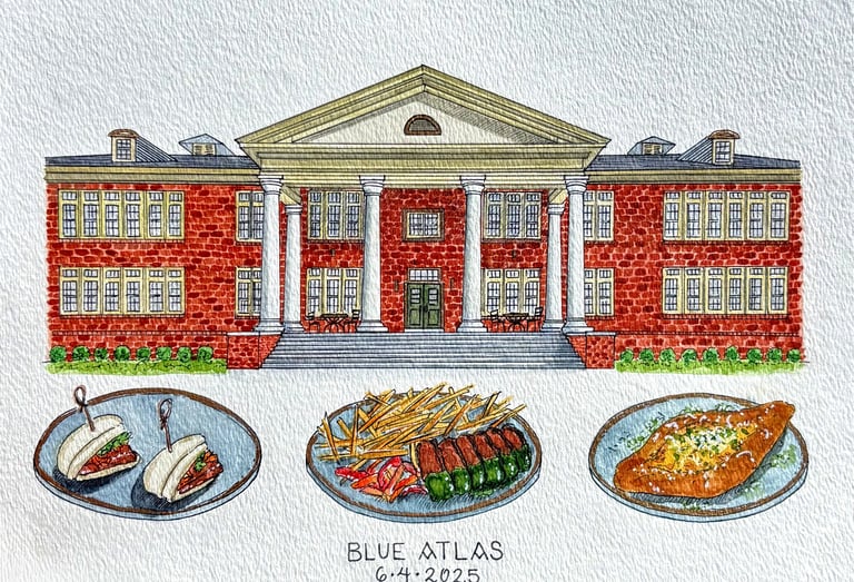 Watercolor illustration of Blue Atlas restaurant with bao buns, steak, and flatbread illustrations.