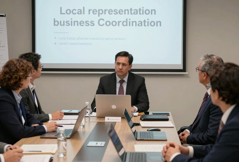 Professional consultant discussing commercial strategies with clients in a modern office.