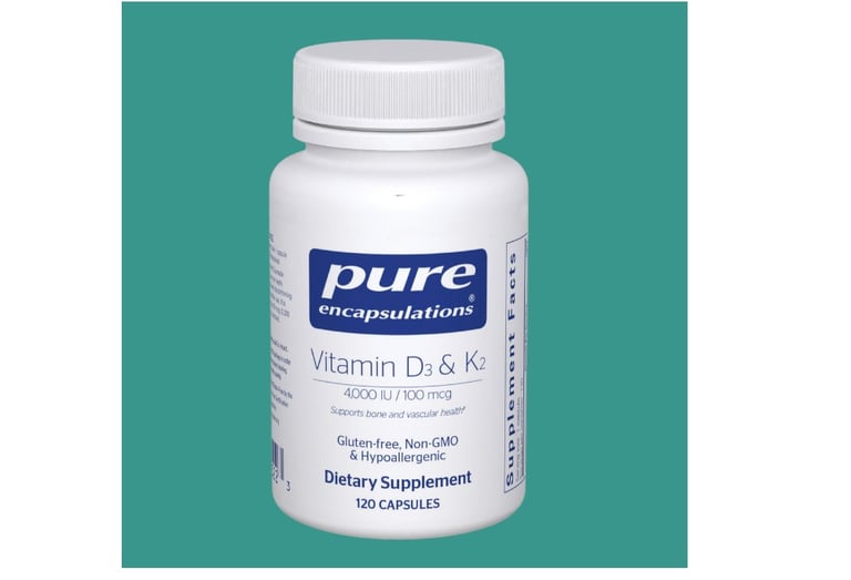 Bottle of Pure Encapsulations Vitamin D3 & K2 dietary supplement