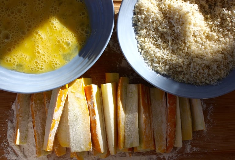 zucchini breading station with egg, panko and zucchini