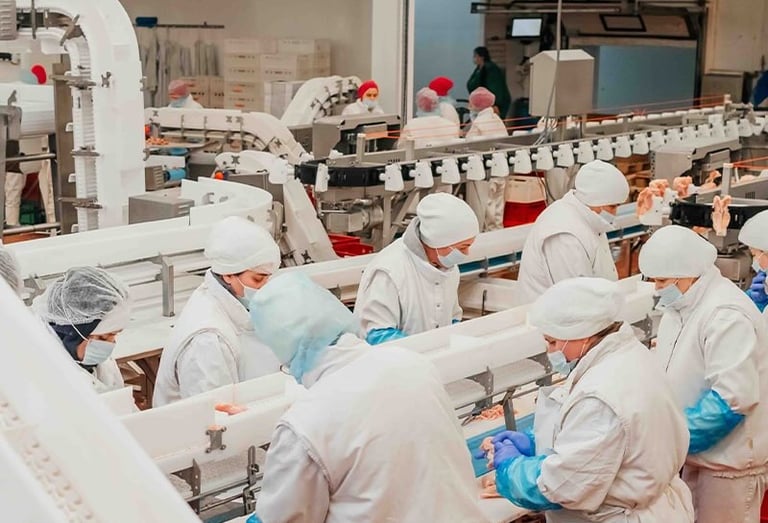 Workers in protective gear operating on a production line, under active surveillance monitoring for safety, hygiene, and oper