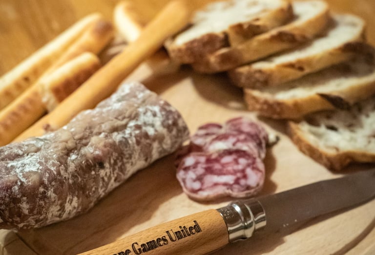 a wooden cutting board with bread and bread
