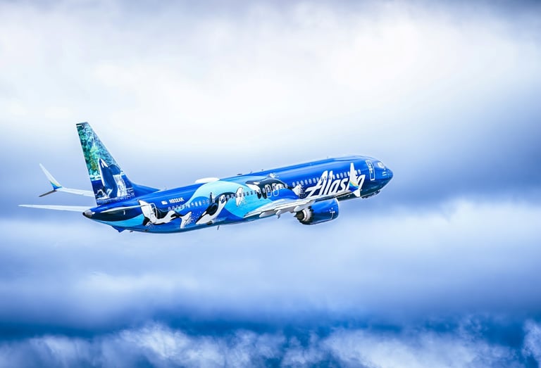 Alaska Airlines plane flies in the sky
