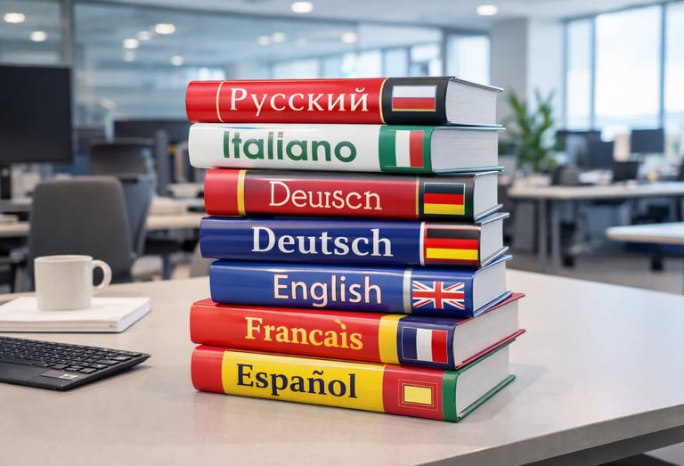 A stack of multilingual dictionaries for language learning on an office desk.