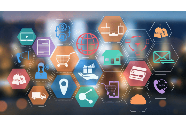 Vários ícones e desenhos representantivos de ferramentas e aplicativos, com várias cores diferentes.