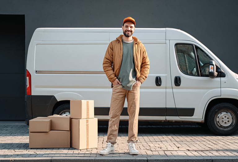 a man standing in front of a van with boxes