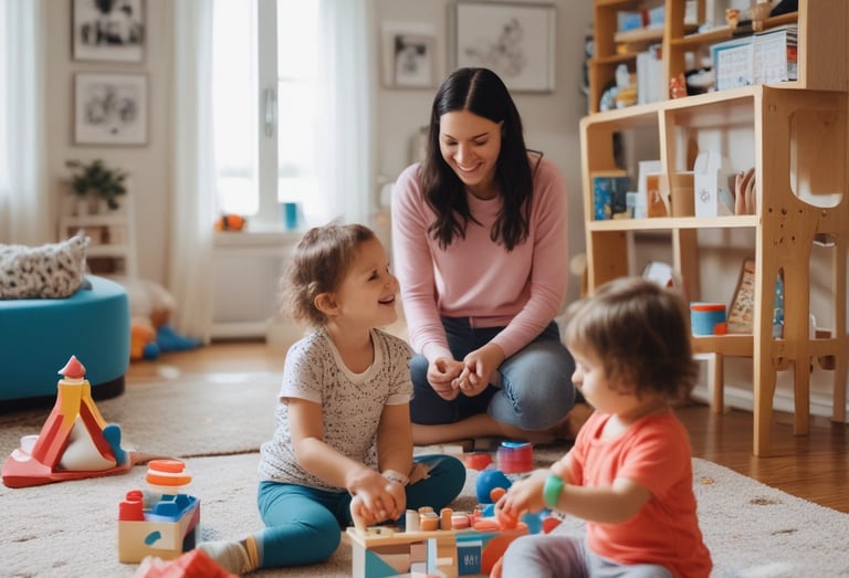 a woman and two young children playing with blocks at her in-home daycare
