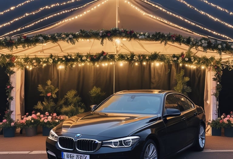 A luxurious black car with a distinctive front grille is parked in an urban environment. A man in traditional attire can be seen walking in the background, and several other vehicles, including a white van, are also visible.