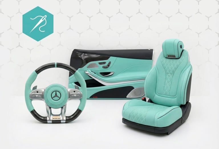 Custom mint green leather Mercedes-AMG interior featuring a steering wheel, door panel, and quilted car seat.