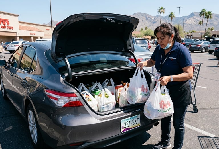 Grocery delivery driver loading rental car for gig work in Tucson Arizona