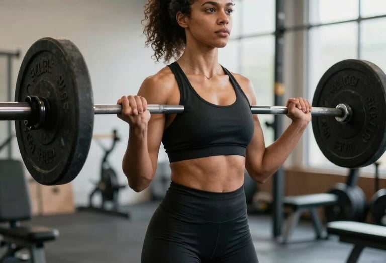 Woman lifting weights confidently in a gym, muscles engaged and focused.