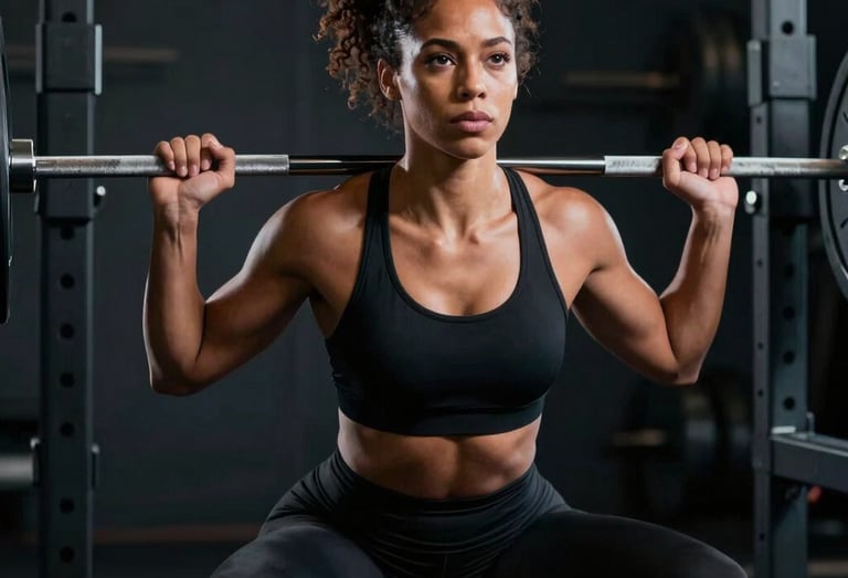 Woman lifting weights confidently in a gym, muscles engaged and focused.
