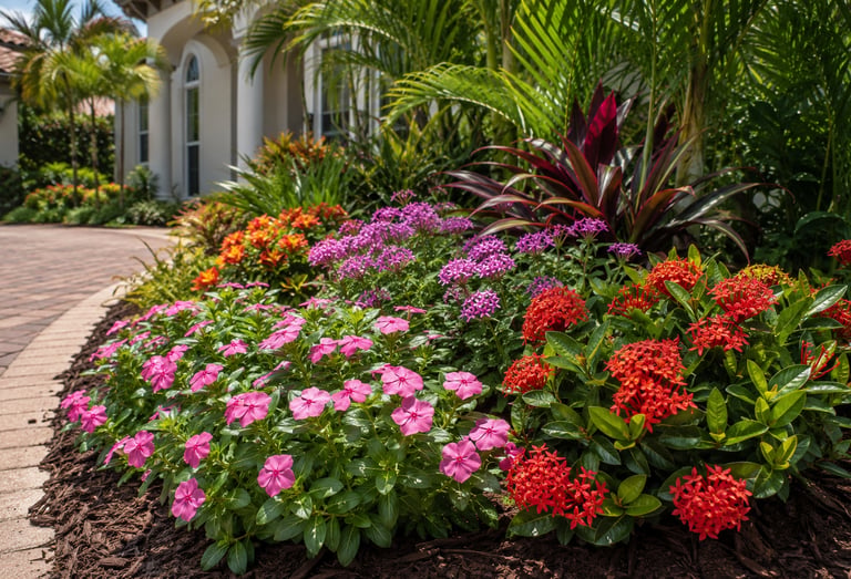 Lush tropical garden landscaping with colorful flowers and palm trees along a brick walkway.