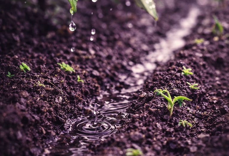 Raindrops falling from green leaves into a garden furrow with fresh soil and young sprouts.