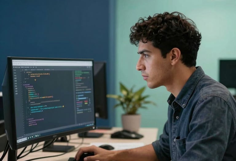 A professional web developer focused on a coding project in a stylish Latin American / Spanish coworking space, with midnight blue and soft mint lighting details.