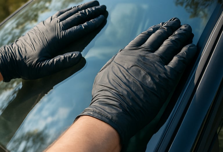 A close-up of hands wearing black protective gloves carefully setting a new windshield onto a vehicle frame, bright natural daylight, crisp reflection of trees.