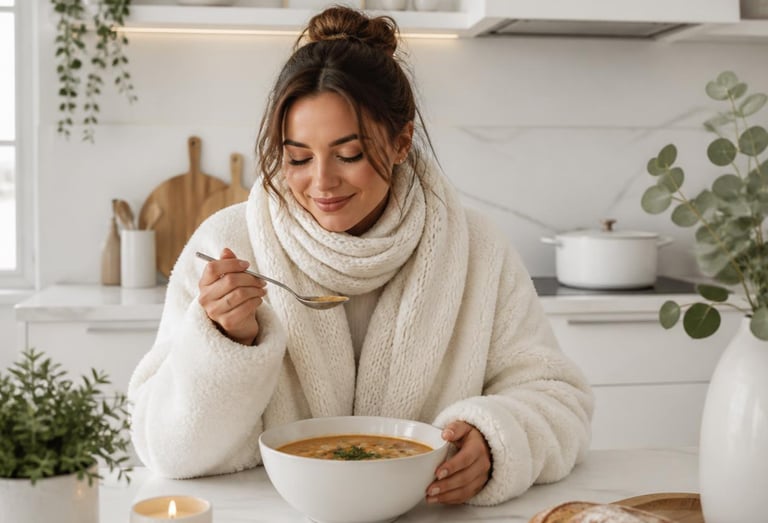 A woman in a cozy white robe eating a bowl of warm vegetable soup in a bright modern kitchen.