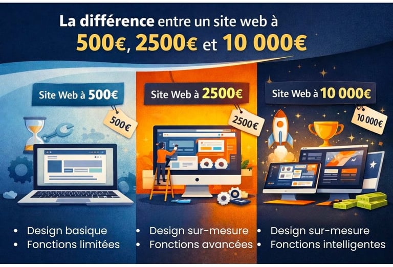 Une image comparative entre un site web à 500, 2500 et 10k