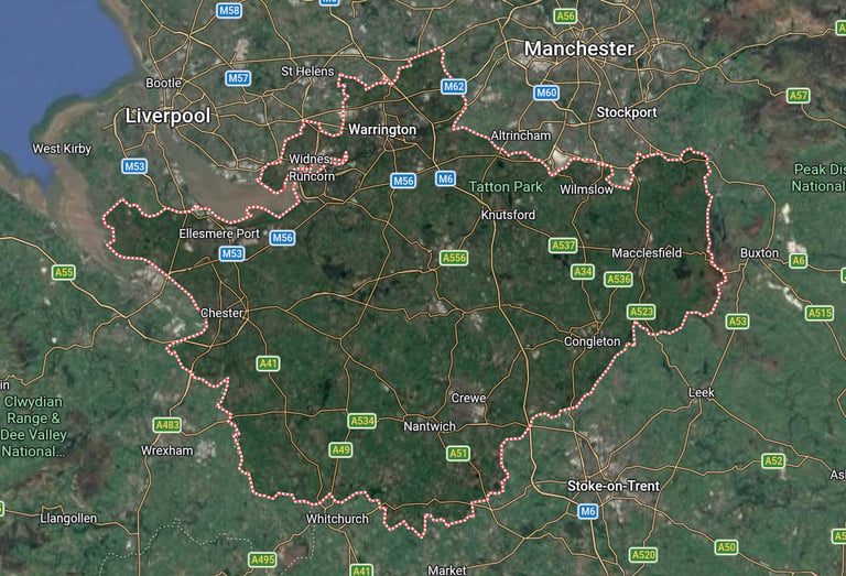 Image of the counties of Cheshire west and east displaying our coverage