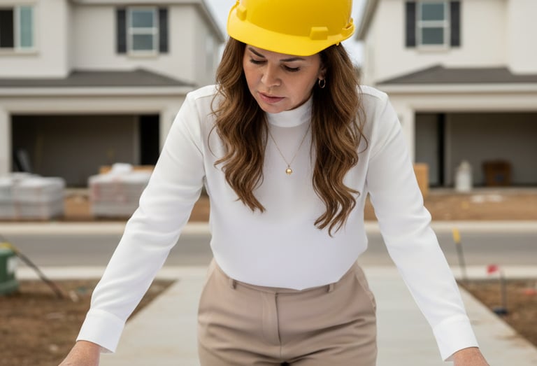 Female engineer in a yellow hard hat reviewing house blueprints at a residential construction site.