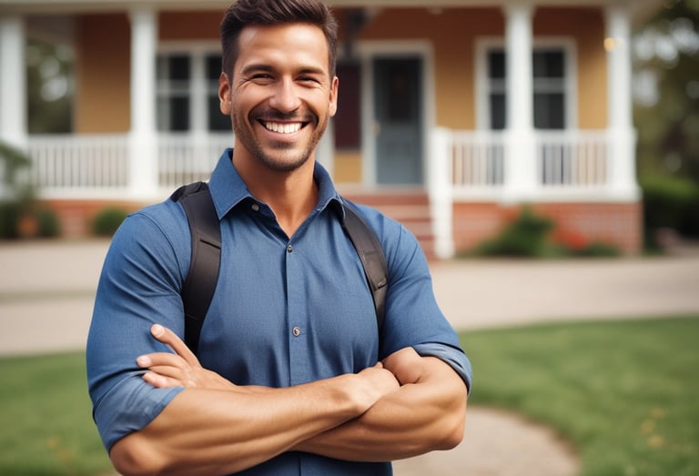 A happy real estate agent handing keys to a smiling new homeowner in front of a charming house.