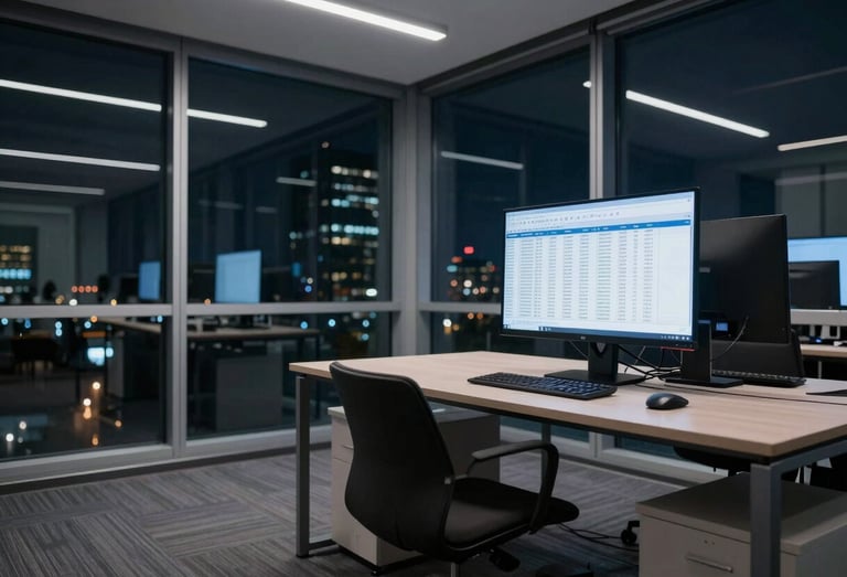 Wide environmental shot of a modern financial office interior at night, empty desk with a large monitor displaying structured spreadsheet data, cool fluorescent overhead light, floor-to-ceiling glass walls reflecting city lights, deep navy and charcoal tones