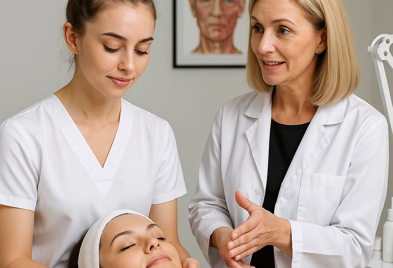 Professional esthetician instructor teaching a student facial massage techniques on a client in a spa clinic.