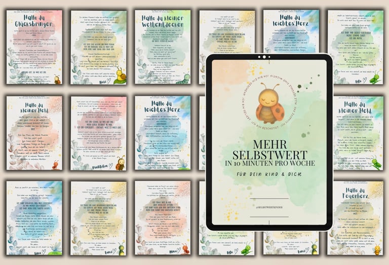 Digital watercolor affirmation cards for kids featuring cute bugs to boost self-esteem and mindfulness.