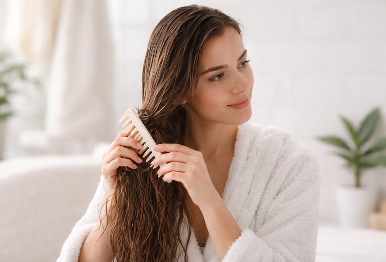 women using wide tooth comb to detangle wet hair